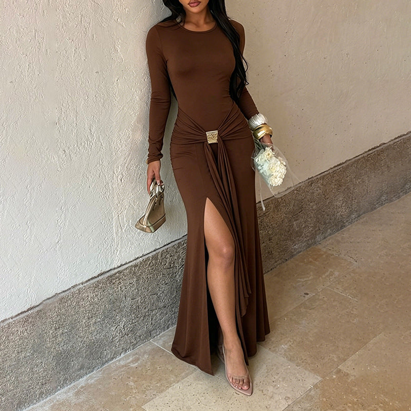 Metal Buckle Lace up Waist-Controlled Split Slimming Sexy Formal Dress Long Sleeve Dress EFFISEN