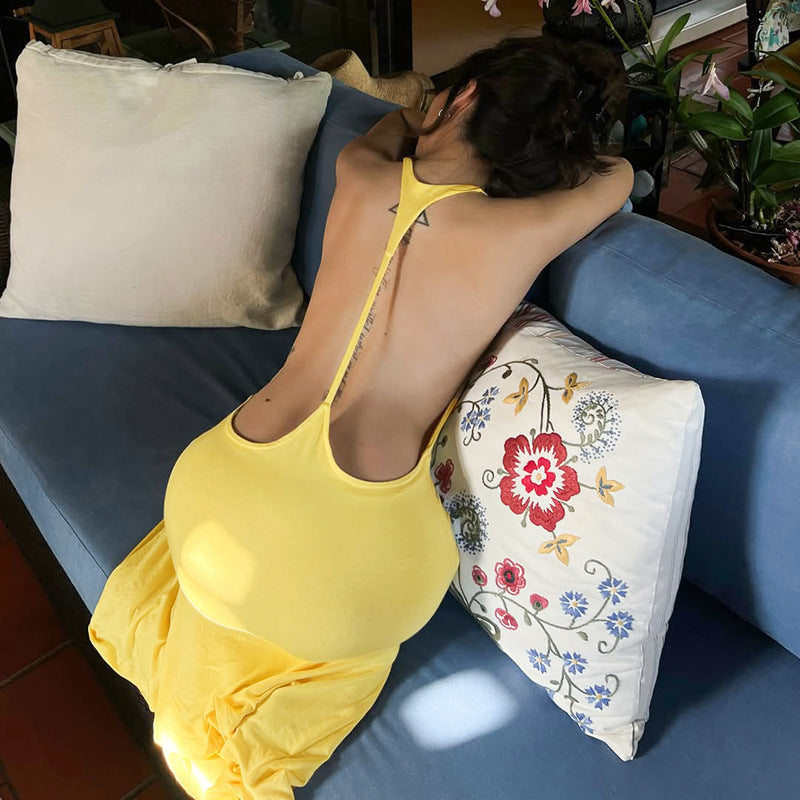Women Clothing Autumn Solid Color Casual Sleeveless Backless Strap Slim Fishtail Maxi Dress HONEYBADGER