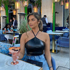 Autumn Faux Leather Tight Elastic Strap Tube Top Wrapped Chest Leather Top Fayer