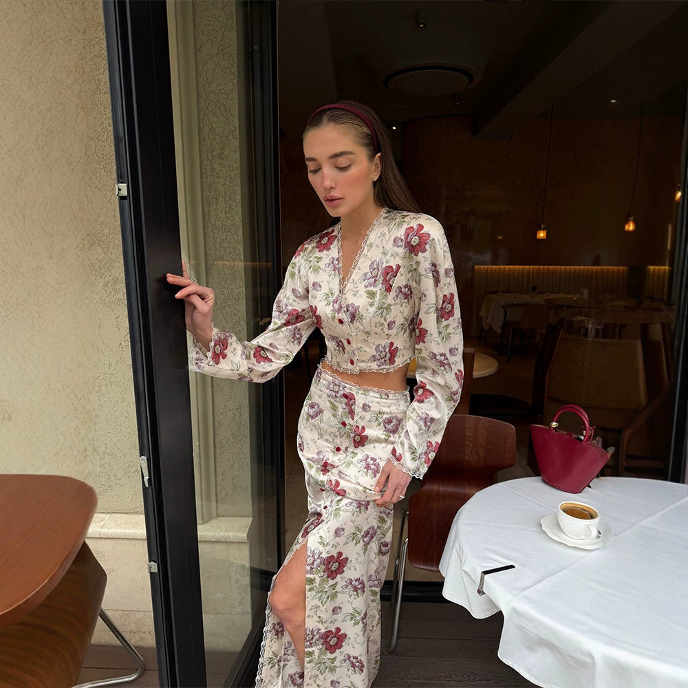 Summer Women Clothing Fashionable Elegant V neck Top Skirt Split Floral Print Vacation Set LaceCH