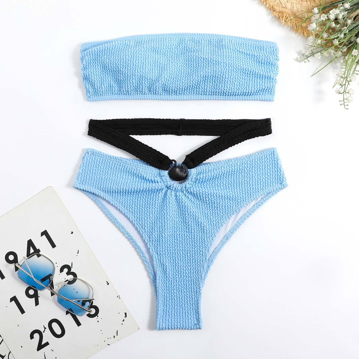 Traje de baño de bikini de color sólido para mujer con estampado de ondas y abertura