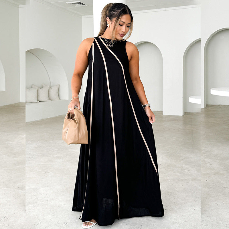 Women Clothing Solid Color Patchwork Stripes Simple Sleeveless Loose Dress Women XINXI