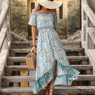Arrival Summer Floral Blue off-Neck French Retro Dress HUNDRED