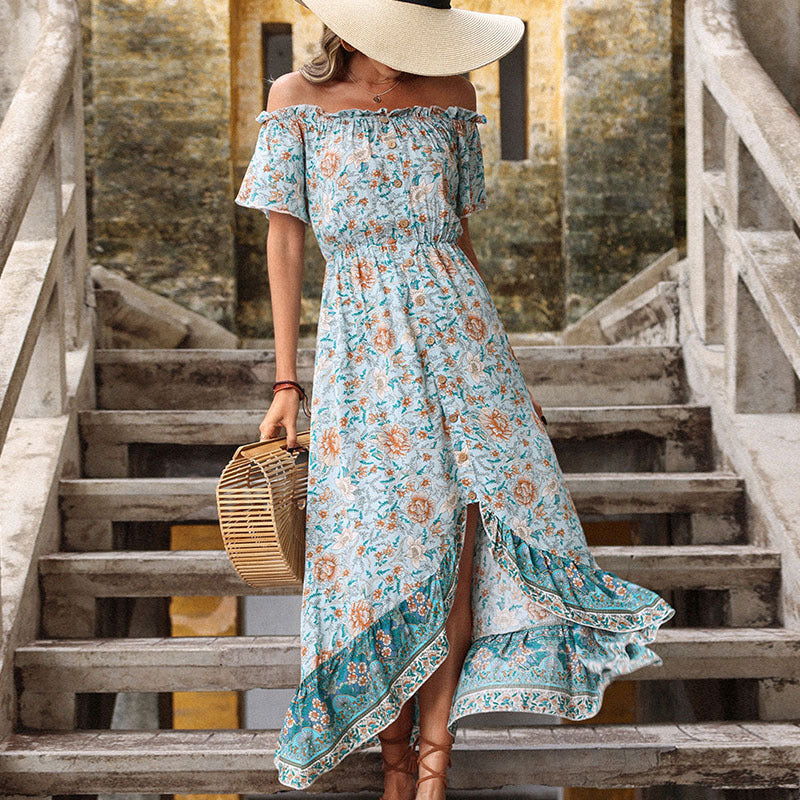 Arrival Summer Floral Blue off-Neck French Retro Dress HUNDRED
