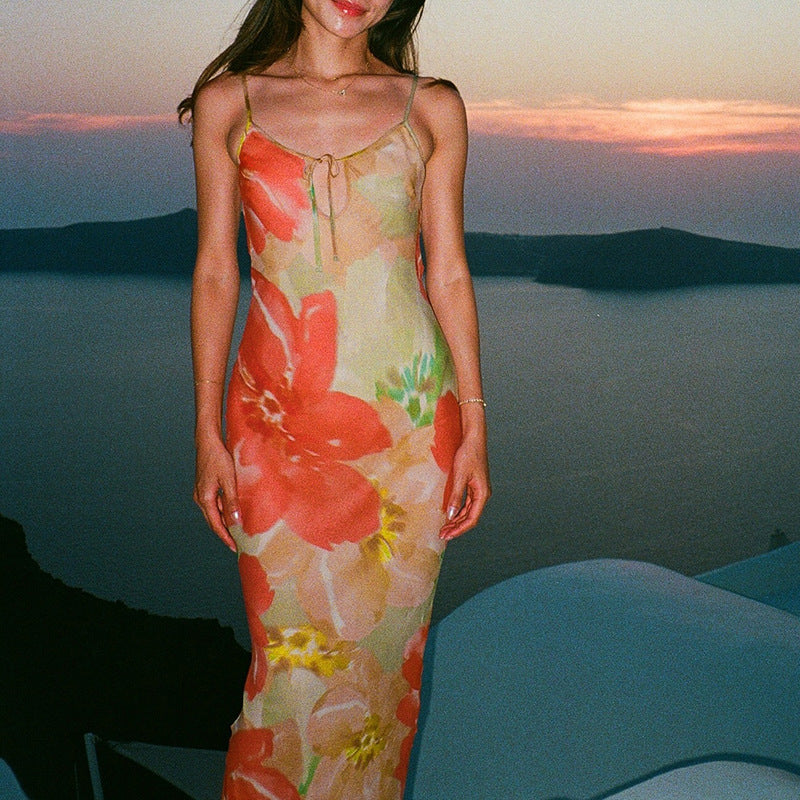 Vestido sexy de tirantes con aberturas y estampado sin espalda para mujer, vestido sexy de vacaciones
