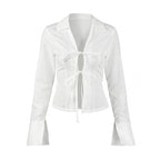 Sexy White Shirt Women Lace up Waist Controlled Long Sleeves Loose Casual Slimming Top FOREVEREIGHTEEN