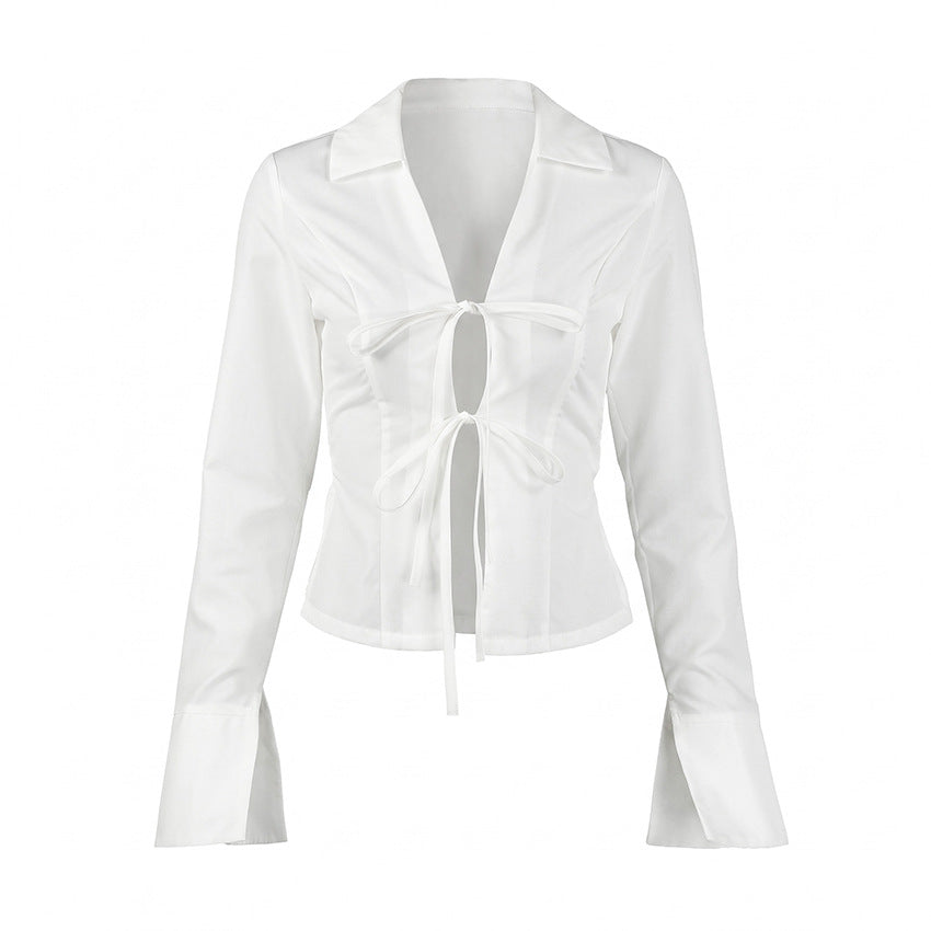 Sexy White Shirt Women Lace up Waist Controlled Long Sleeves Loose Casual Slimming Top FOREVEREIGHTEEN