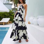 Spring Summer Women Clothing Sexy Print Tiered Dress Lace up Maxi Dress Havill