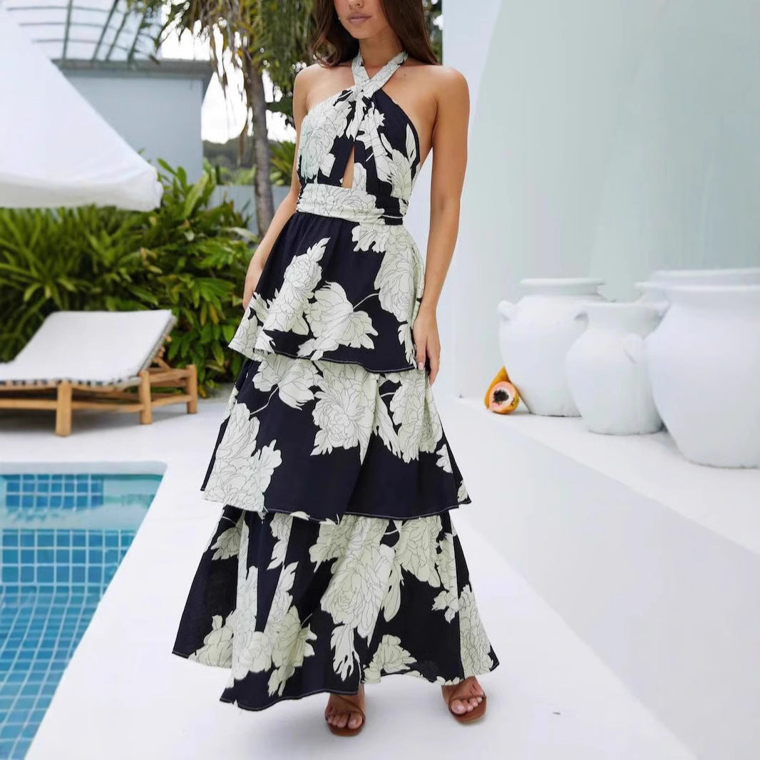 Spring Summer Women Clothing Sexy Print Tiered Dress Lace up Maxi Dress Havill