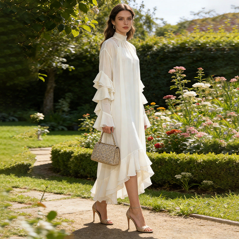 Spring High Neck Ruffled Maxi Dress Bell Sleeve Irregular Asymmetric Neck Loose Slimming Two Piece Dress Sailfish
