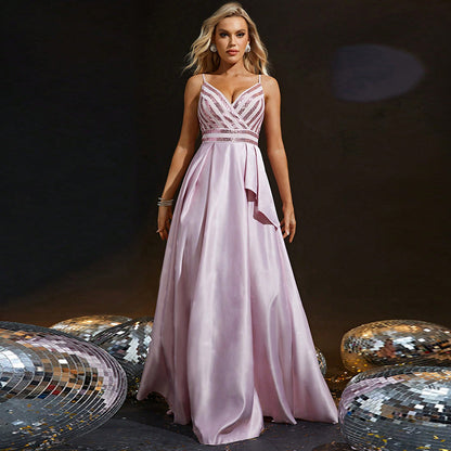 High End Evening Dress Women Cocktail Maxi Dress V neck Brace Host