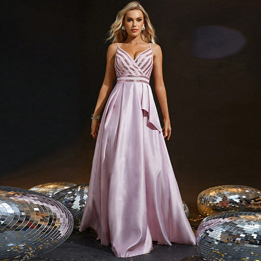 High End Evening Dress Women Cocktail Maxi Dress V neck Brace Host