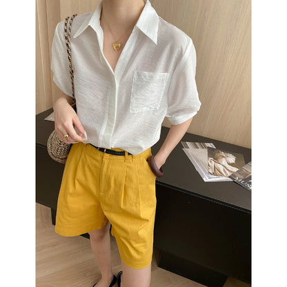 Breathable Tencel Blended Single Pocket Lapels Loose Short Sleeve Shirt