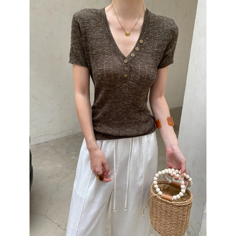 Smart Blogger Linen Half Button V neck Slim Slimming Hollow Out Cutout Short Sleeve Sweater Sinan
