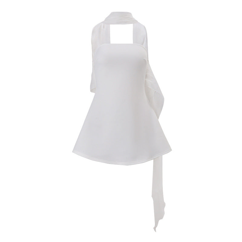 Women Clothing Autumn French Sexy Wind Ribbon Tube Top Solid Color Dress for Women Burgatti