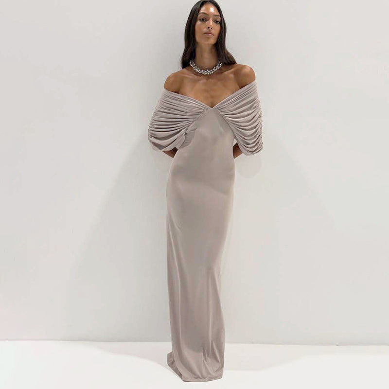 Spring Women Clothing Sexy off Neck Sleeve Slim Solid Color Maxi Dress Women YIMAIL