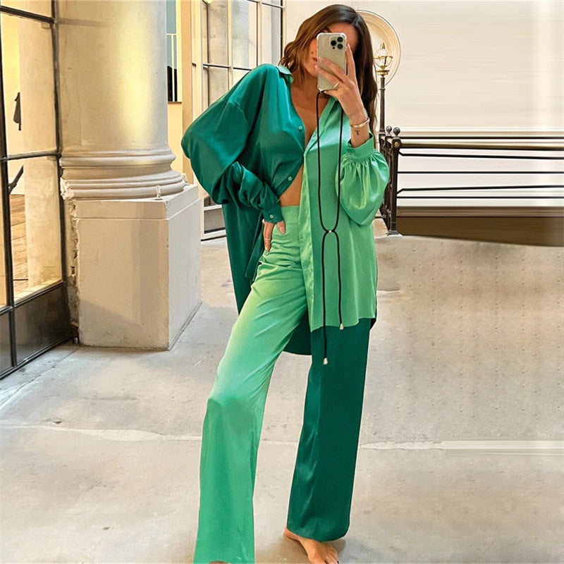 Spring Summer Satin Two Piece Set Colorblock Women Clothing Oversized Shirt Casual Straight Pants Set BESSY