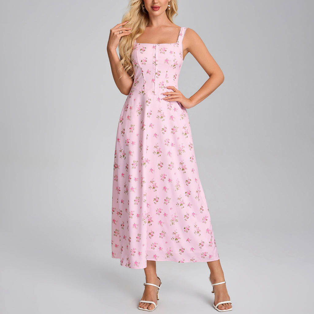 Summer Printing Slip Dress Sexy Square Collar Backless Lace up Slim Vacation Dress SUNSHINE