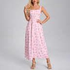 Summer Printing Slip Dress Sexy Square Collar Backless Lace up Slim Vacation Dress SUNSHINE