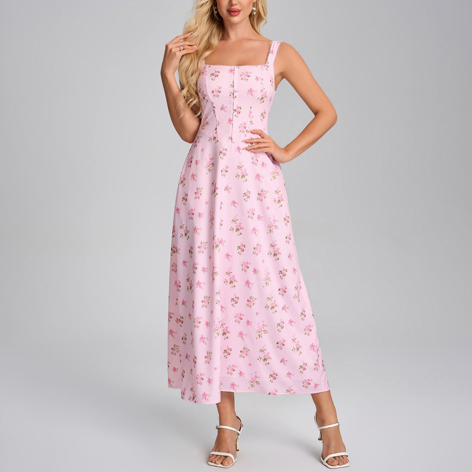 Summer Printing Slip Dress Sexy Square Collar Backless Lace up Slim Vacation Dress SUNSHINE