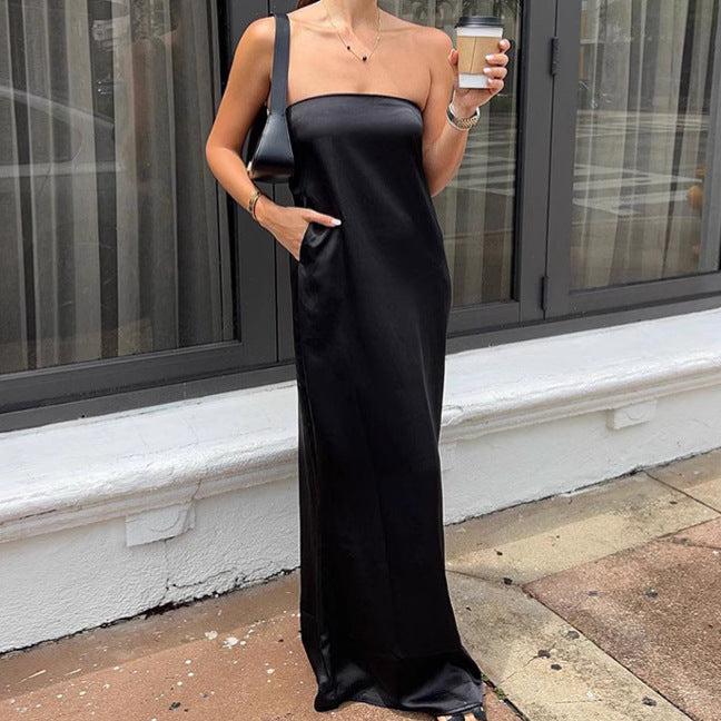 Black Sexy Tube Top Satin High Waist Loose Dress Summer Dress Women FOREVEREIGHTEEN