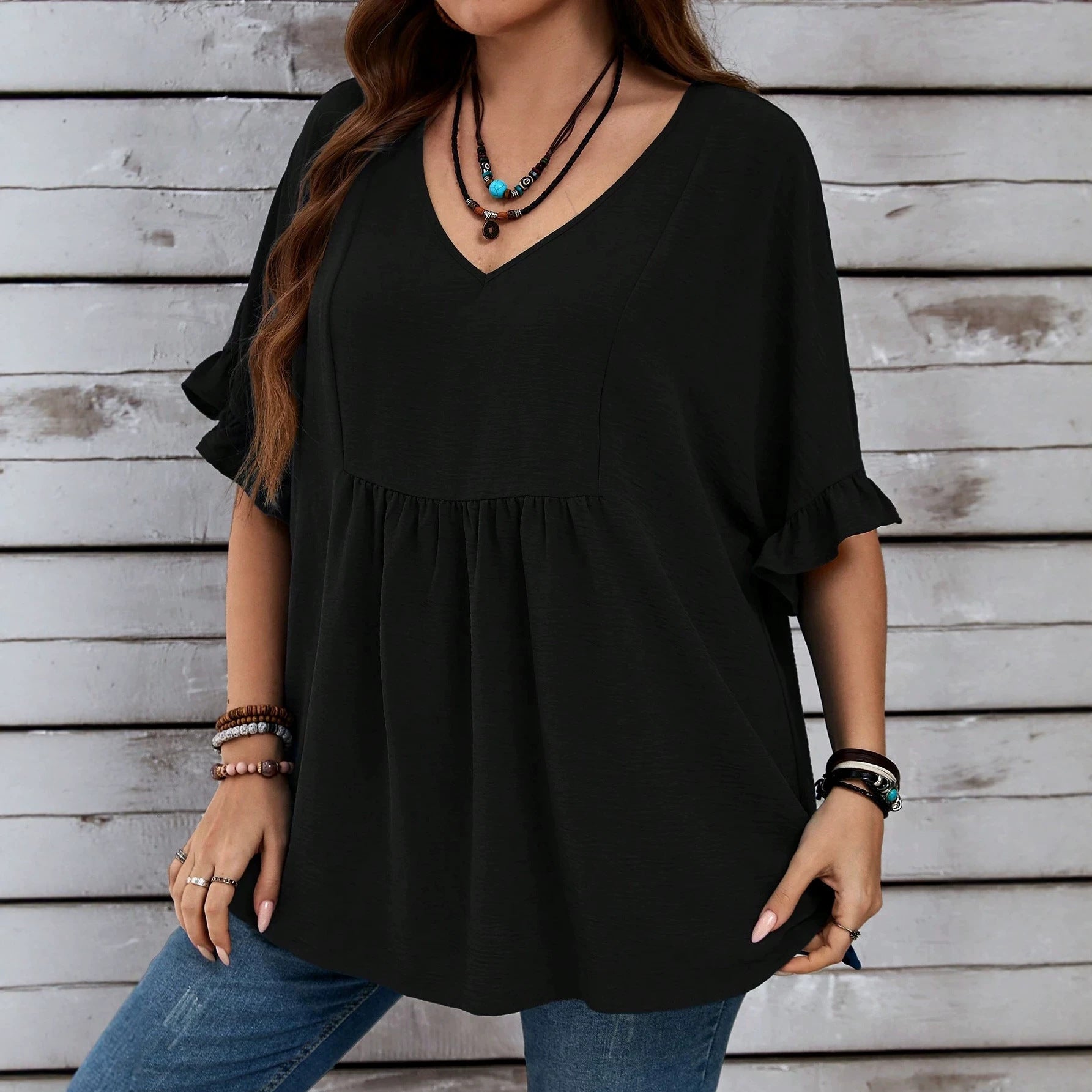 Plus Size Summer Women V neck Solid Color Loose Ruffled High Waist Half Sleeve Top AXE