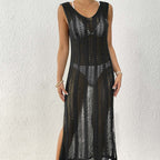 Women Holiday Beach Skirt Women Clothing Hollow Out Cutout Woven Shirt Vest Skirt Long Skirt Sexy Slit Dress Oyimi