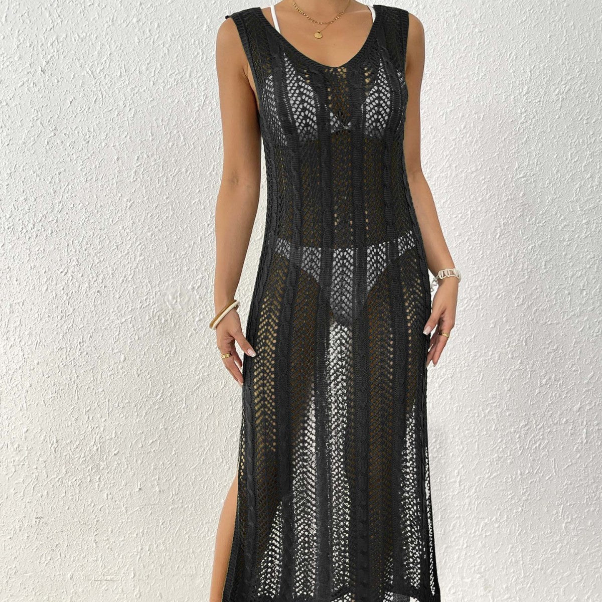 Women Holiday Beach Skirt Women Clothing Hollow Out Cutout Woven Shirt Vest Skirt Long Skirt Sexy Slit Dress Oyimi