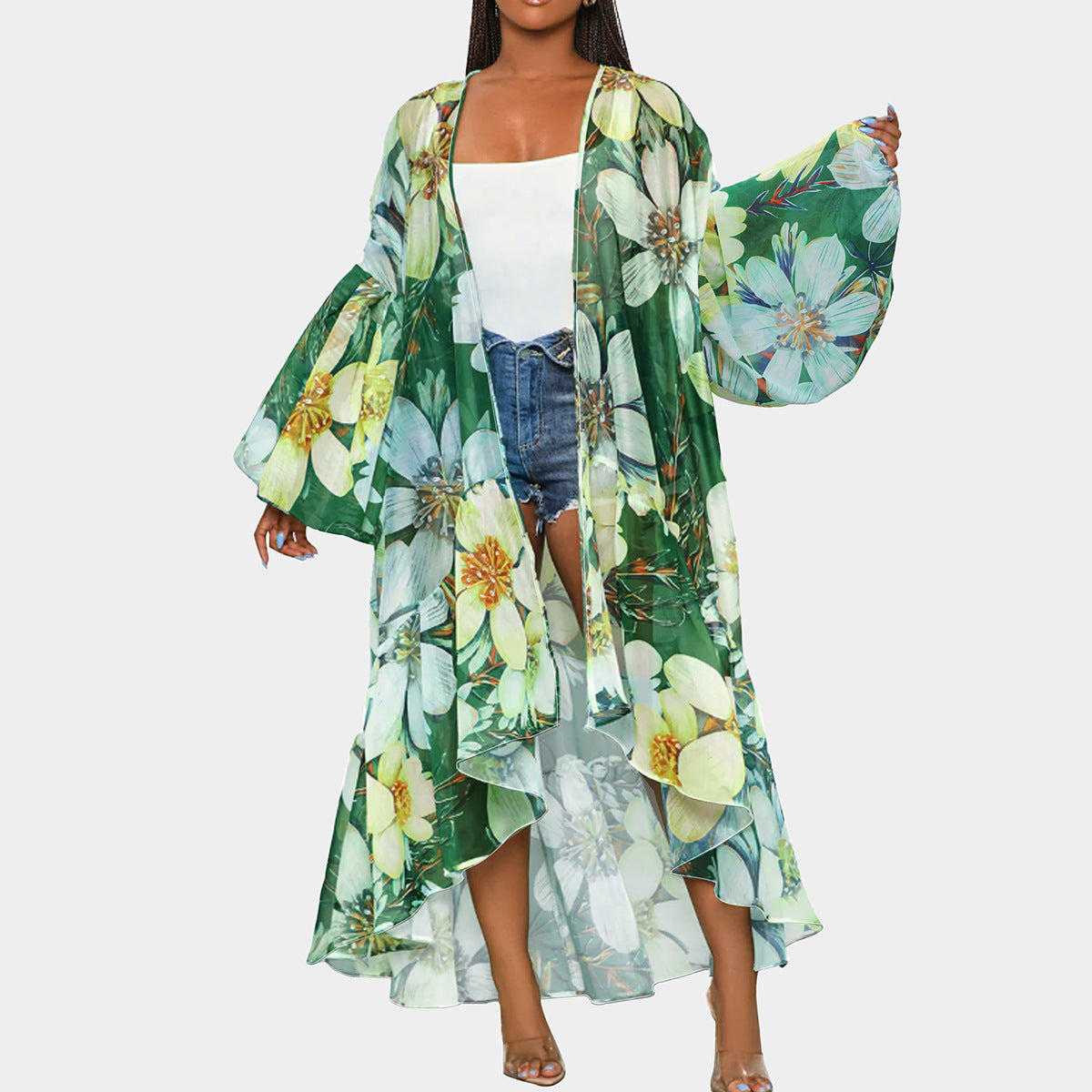 Casual Spring Autumn Women Lantern Sleeve Irregular Asymmetric Hem Long Printed Shawl Cardigan JLLY