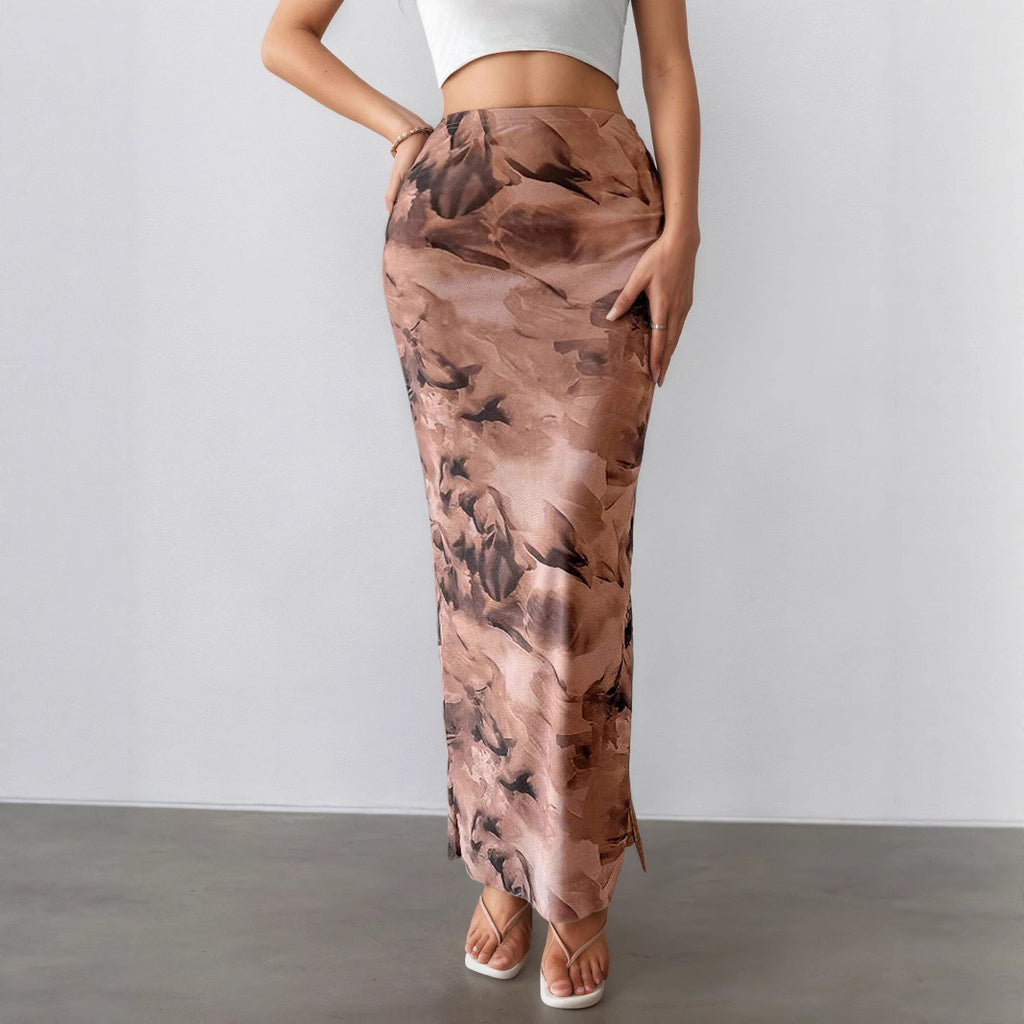 Women Clothing Summer Printed Skirt Sexy Side Split Slimming All-Matching Graceful Long Skirt George