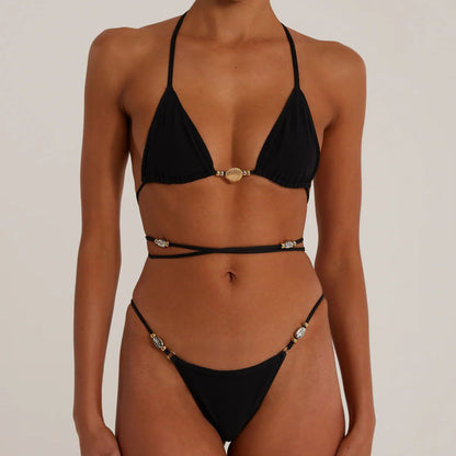 Bikini negro puro de tres puntos con múltiples tiras y cuello halter sexy para mujer