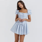 Women Clothing Bubble Sleeve Square Collar Dress Corset Princess Two Piece Sexy Dopamine Wear REBECCA