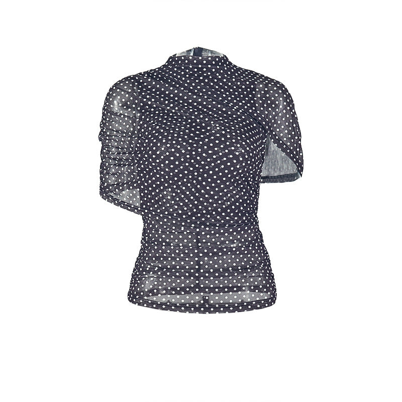 Colorblock Women Clothing Personality Street Polka Dot T shirt Turtleneck Short Sleeve Waist Controlled Summer Top Kinci