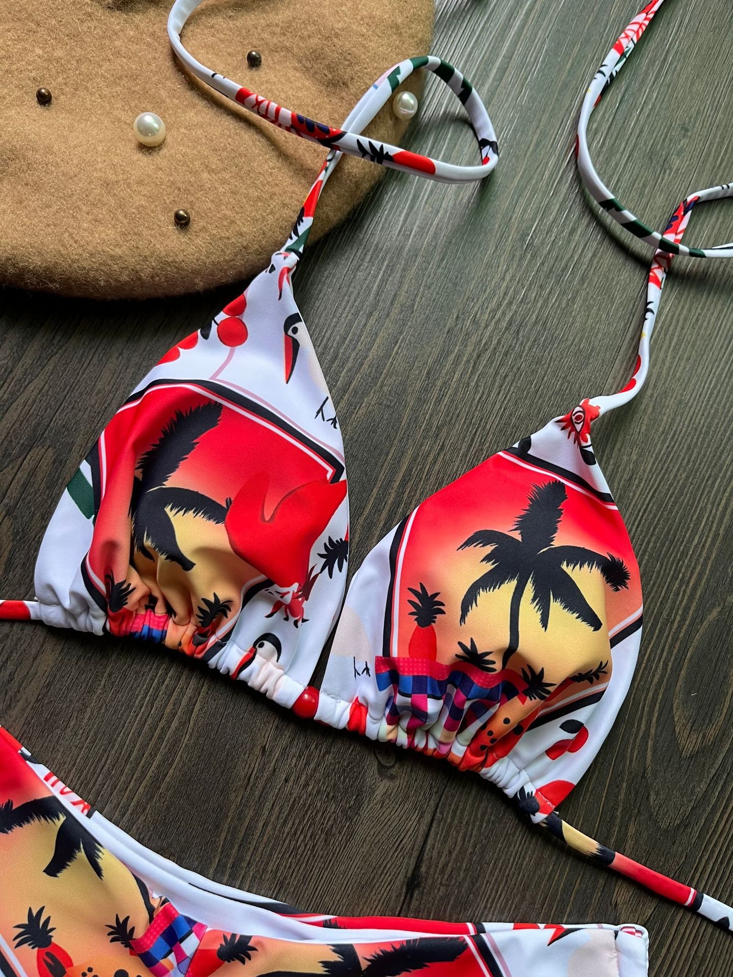 Traje de baño para mujer, bikini triangular estampado con cordones, bikini de tres puntos.