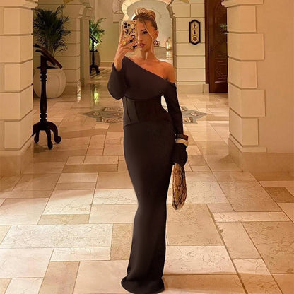 Sexy Hip Wrapped Dress Oblique Shoulder Party Long Sleeve Waist Fishtail Dress