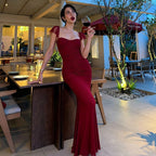 Fashionable Elegant Bandeau Sling Backless Waist Trimming Pleated Mesh Fishtail Dress LAGERFELD