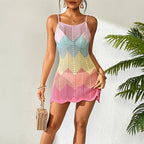 Women Clothing Short Knitted Sexy Suspenders Hollow Out Cutout Texture Macaron Color U Collar Knitted Seaside Overskirt Tidee