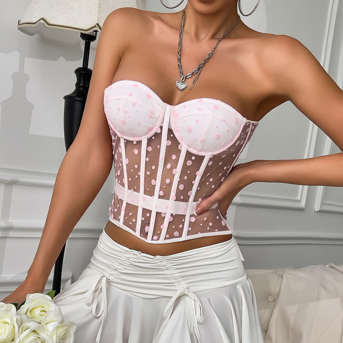 Sexy Women Clothing Spring Summer Pink with Dots Sexy Boning Corset Waist Shaping Wrapped Chest Vest