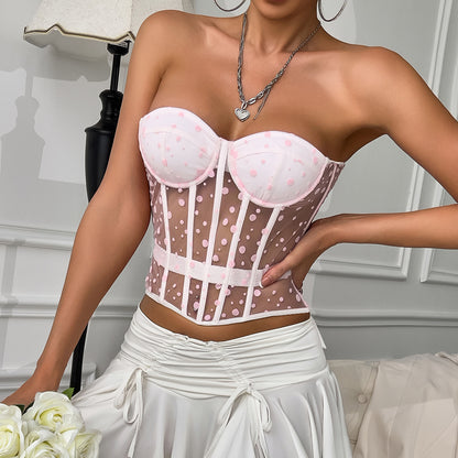 Sexy Women Clothing Spring Summer Pink with Dots Sexy Boning Corset Waist Shaping Wrapped Chest Vest