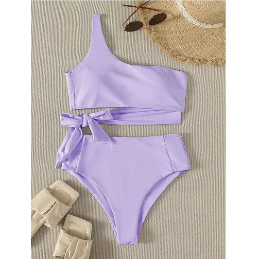 Traje de baño de un solo hombro fino de color sólido para mujer, traje de baño de bikini sexy para mujer