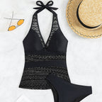 Traje de baño de bikini sexy con costura de encaje y color sólido para mujer