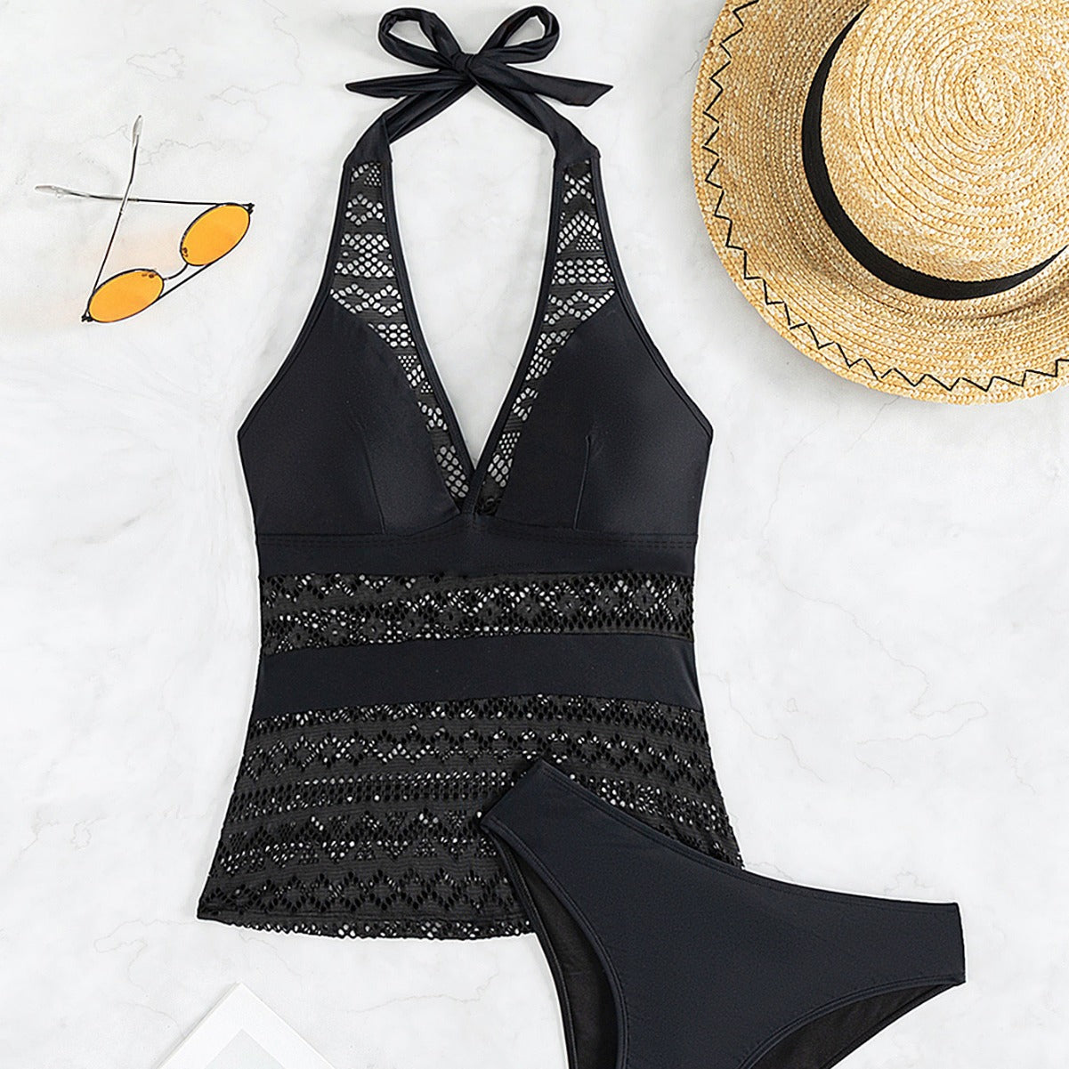 Traje de baño de bikini sexy con costura de encaje y color sólido para mujer