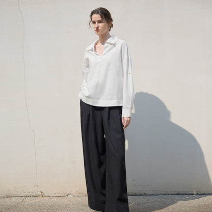 Camisa de manga larga con cuello en V en blanco puro para mujer, camisa holgada de lino para otoño e invierno, top holgado avanzado