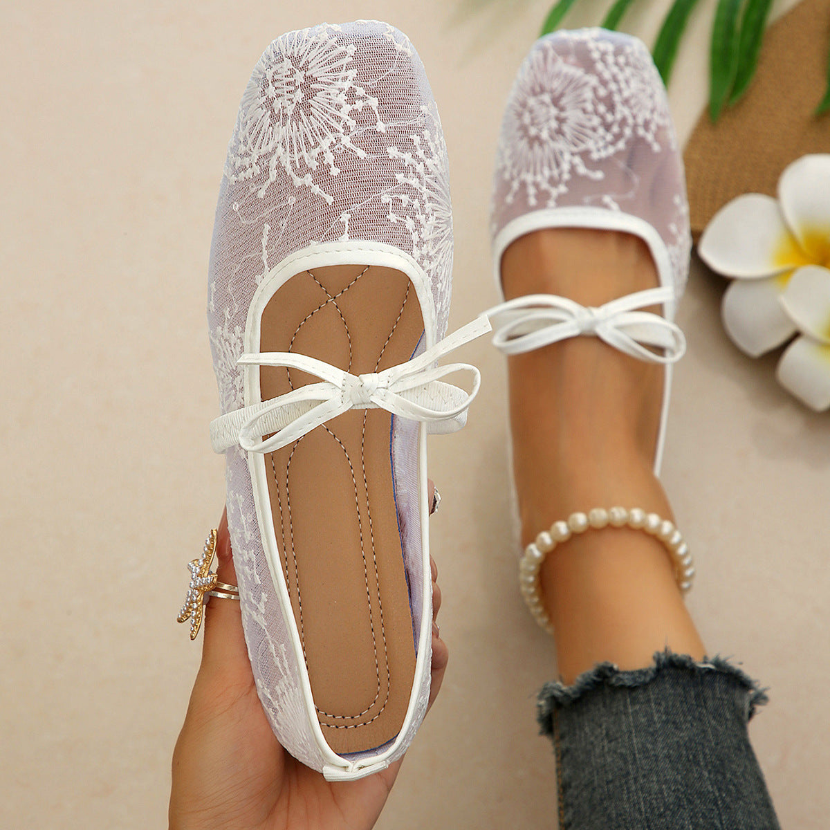 Lace Square Toe Low Cut Shoes Women Women Bow Mary Jane Breathable Work Shoes ZUIMEI
