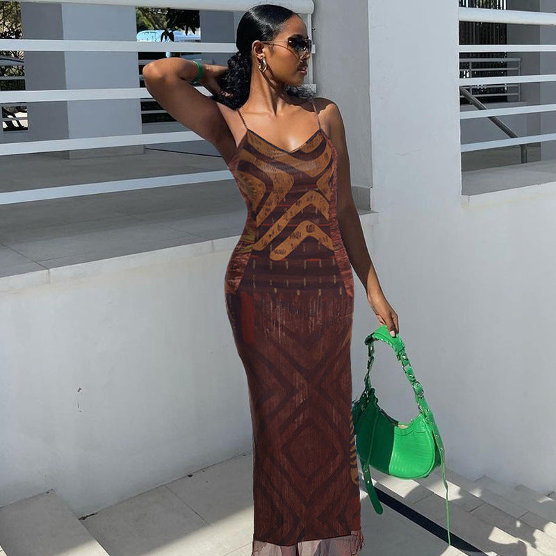 Women Clothing Summer Printed Sexy V Neck Backless Slim Fit Sling Dress Women BULLINGER