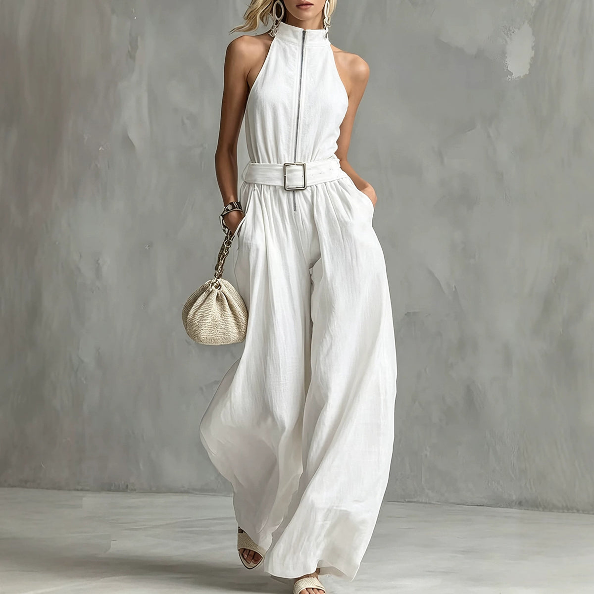 High Grade White Halter Stand Collar Zipper Wide Belt Tight Waist Wide Leg Drape Jumpsuit Rogan