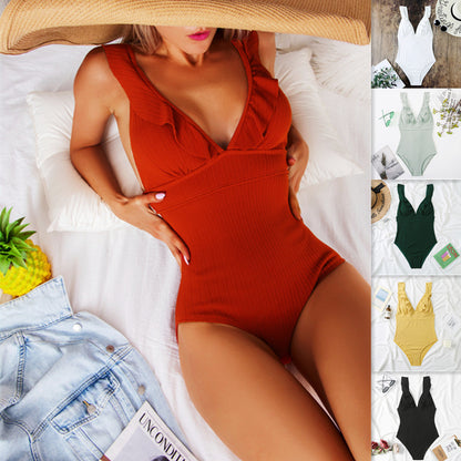 Sexy One Piece Bikini Solid Color Flying V neck Swimsuit Women Swimsuit