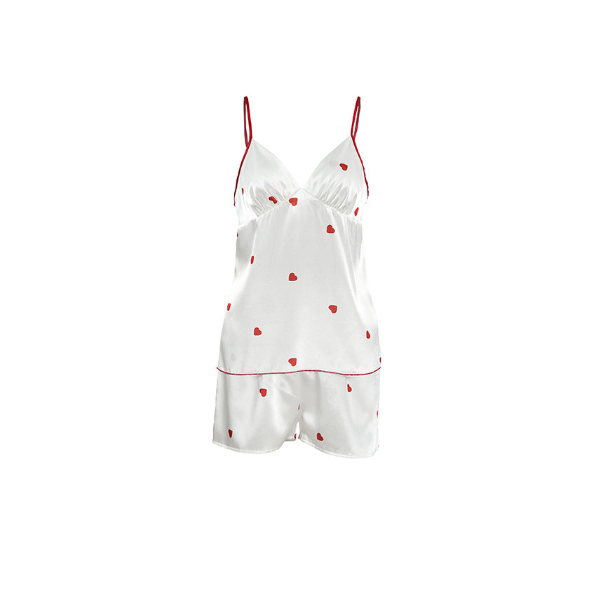 Conjunto de pijama de satén para mujer, de dos piezas, con tirantes y estampado de corazones, para el hogar, primavera y verano