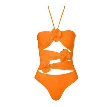 Traje de baño Lonkey de color sólido con aberturas y bolsa de malla, falda a la cadera, traje de baño sexy floral