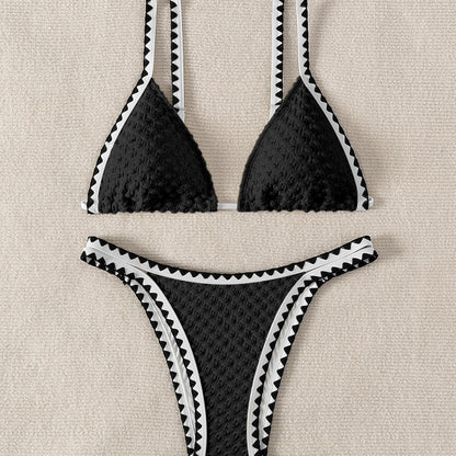 Traje de baño bikini de tela especial de color sólido festoneado para mujer, sexy, dividido, para vacaciones